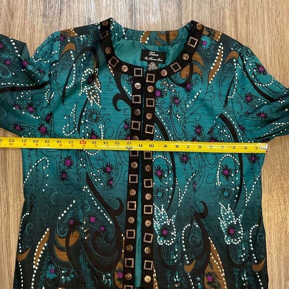 Trenz by Theresa Renz Silk Cardigan Artsy Floral Jacket Wood Buttons‎ Size Large - Picture 8 of 9